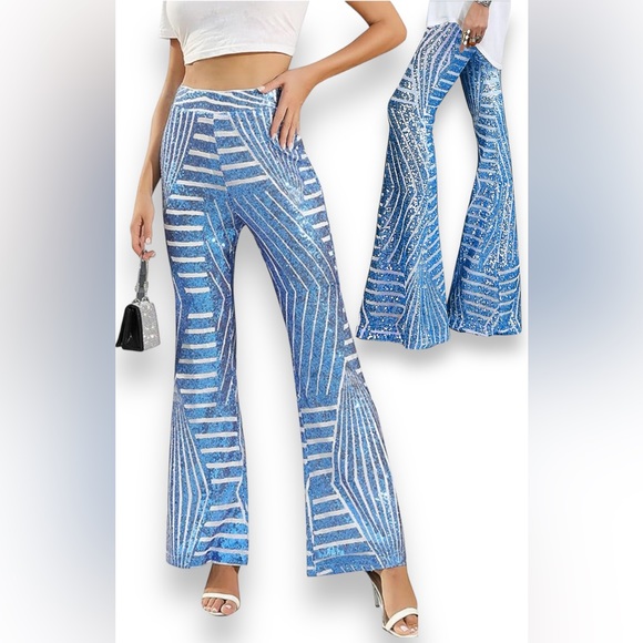 Sequins High Waist Flared Pants Slim Wide Leg Pants Women'S Casual Pants